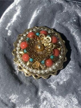 Vintage Gold Tone Faux Pearl Coral & Turquoise Beaded Statement Brooch